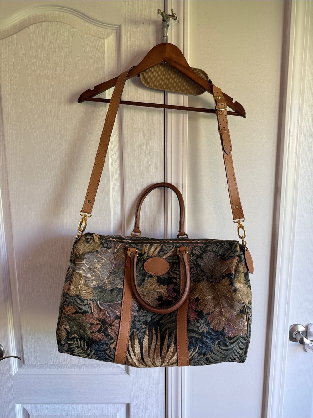 Boyt Tapestry Floral Travel Satchel with Tan Leather Trim